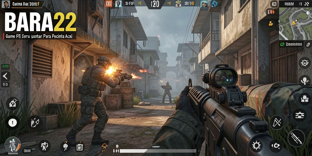 Screenshot gameplay BARA22, menunjukkan pertempuran yang intens dalam game FPS.
