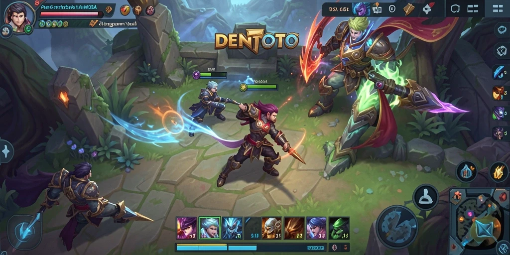 Tangkapan layar DENTOTO menampilkan aksi pertempuran intens di arena MOBA.