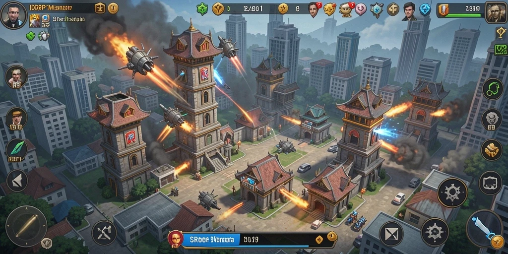 Screenshot gameplay IDRRP dengan menara dan musuh dalam pertempuran.