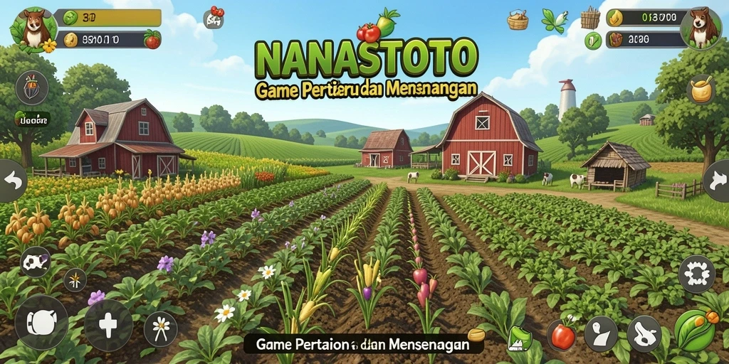 Screenshot gameplay NANASTOTO menampilkan ladang yang subur dan aktivitas bertani.