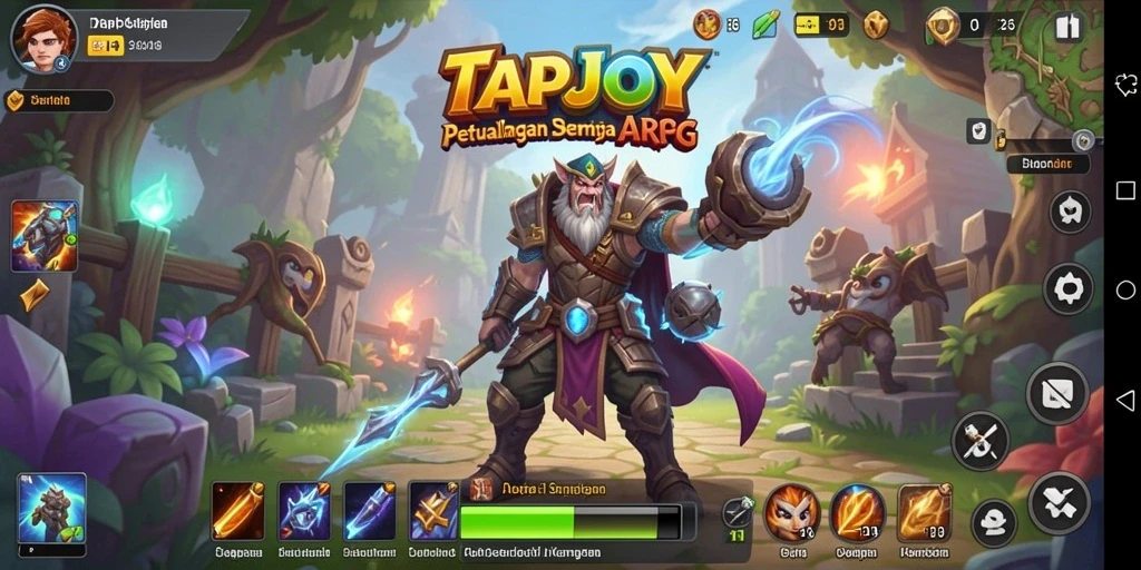 Tampilan gameplay TAPJOY dengan pertempuran yang seru dan karakter unik.
